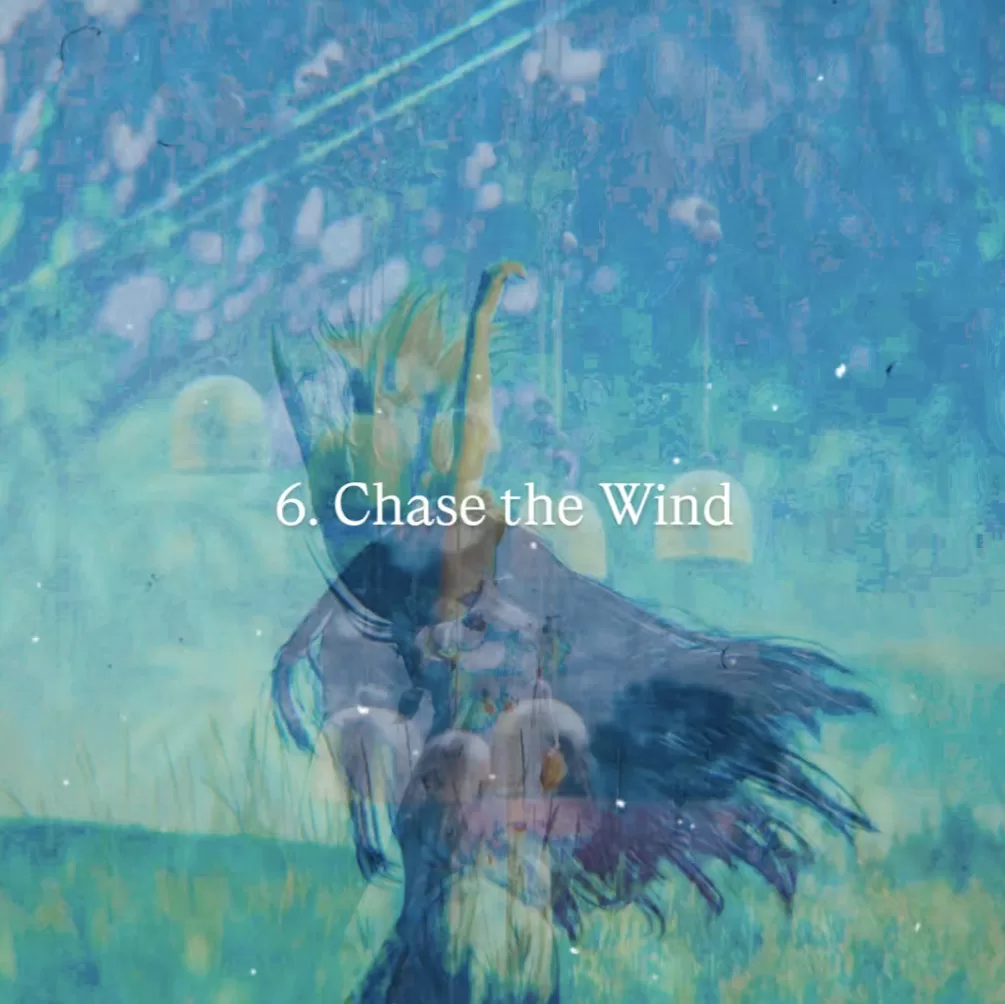 Sillhouettes of trees, grass, and people with hair blowing in the wind laid over each other. The words 6. Chase the Wind and Photos by Jasmin Chew, Natali Hordiiuk and Ashutosh Diwan on it